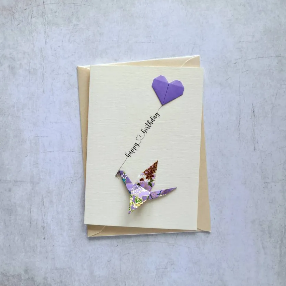 Geburtstagskarte Origami Kranich mit Herzluftballon - Einzigartige Geburtstagskarte - Papierkunst