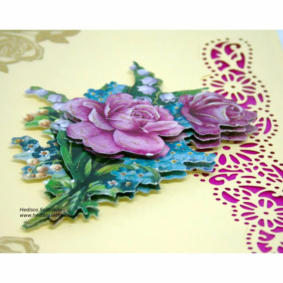 Geburtstagskarte Rosen und Maiglöckchen  3-D Handarbeit mit Spruch im Innenteil