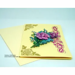 Geburtstagskarte Rosen und Maiglöckchen  3-D Handarbeit mit Spruch im Innenteil