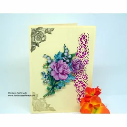 Geburtstagskarte Rosen und Maiglöckchen  3-D Handarbeit mit Spruch im Innenteil