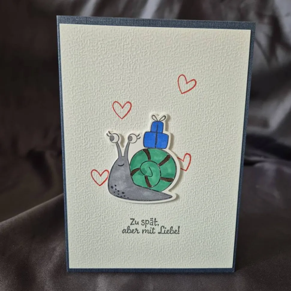 Geburtstagskarte Schneckenmotiv / Zu spät aber mit Liebe Spruch / handgefertigte Grußkarten / Geburtstag