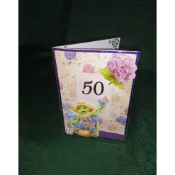 Geburtstagskarte zum 50. Geburtstag für Frauen mit Froschmotiv und Blumen