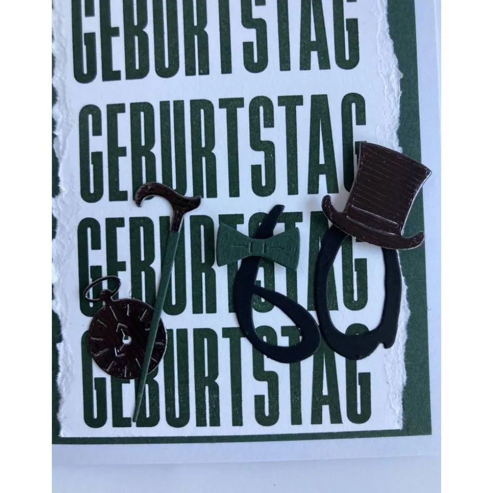 Geburtstagskarte zum 60. mit Zylinder, Spazierstock, Uhr, Fliege, Handgefertigt