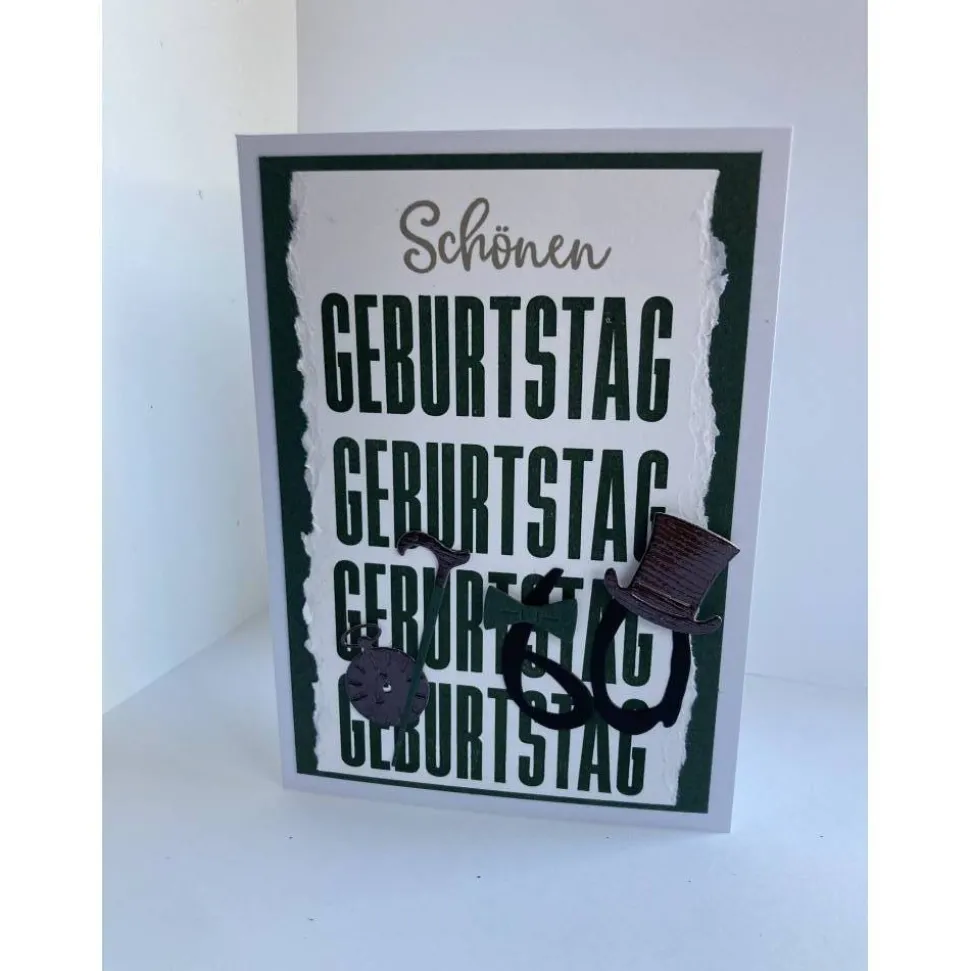 Geburtstagskarte zum 60. mit Zylinder, Spazierstock, Uhr, Fliege, Handgefertigt