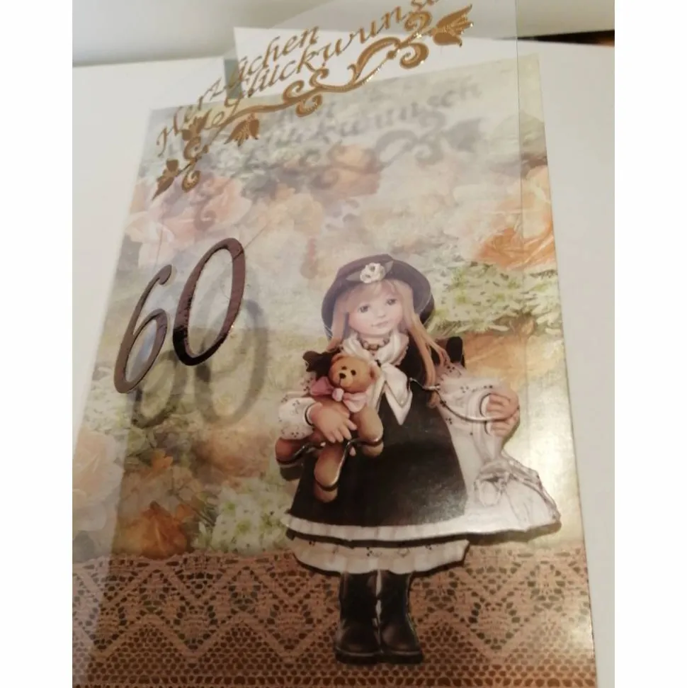 Geburtstagskarte zum 60.ten für eine Frau, Püppchen, Vintage, Braun, Bronze