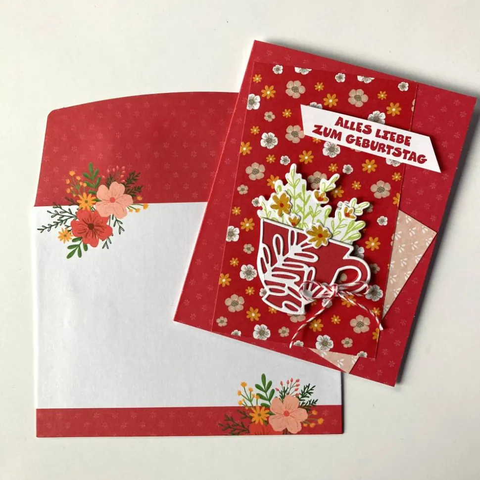 Geburtstagskarten Glückwunschkarte Blumen Tasse 3D Grün Blumig Handgefertigt Unikat