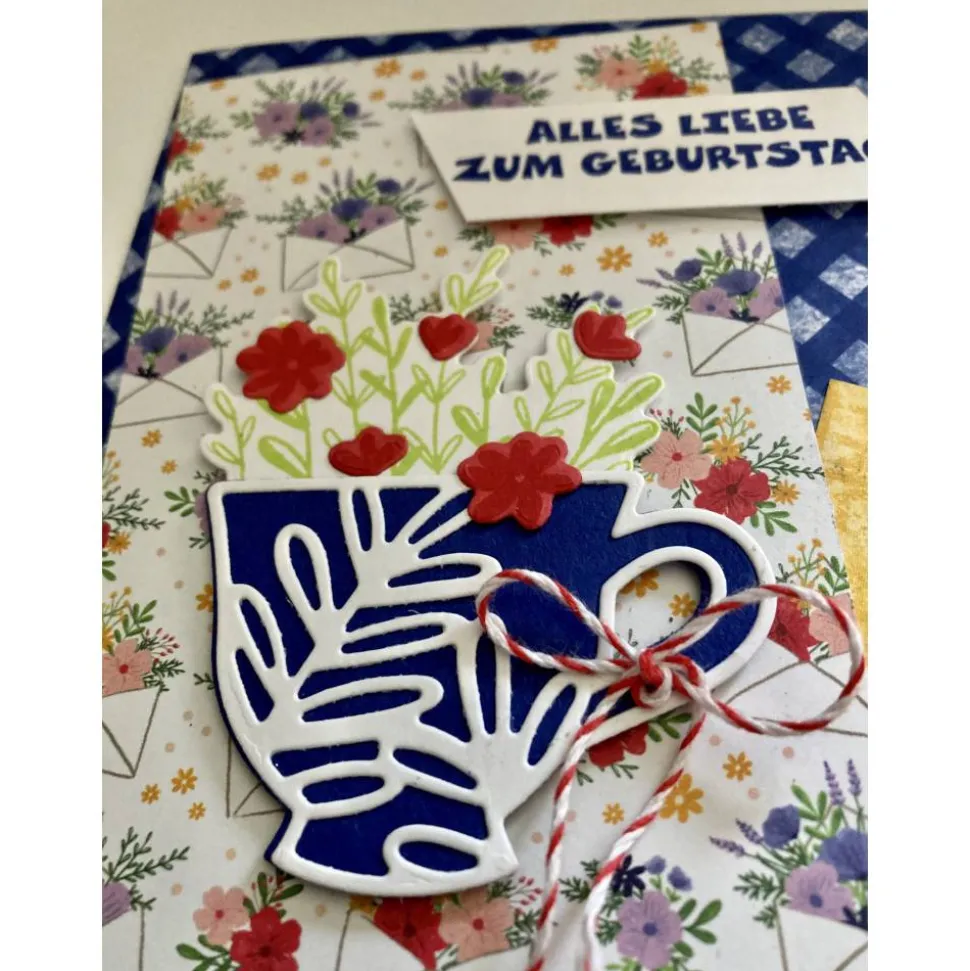 Geburtstagskarten Glückwunschkarte Blumen Tasse 3D Grün Blumig Handgefertigt Unikat