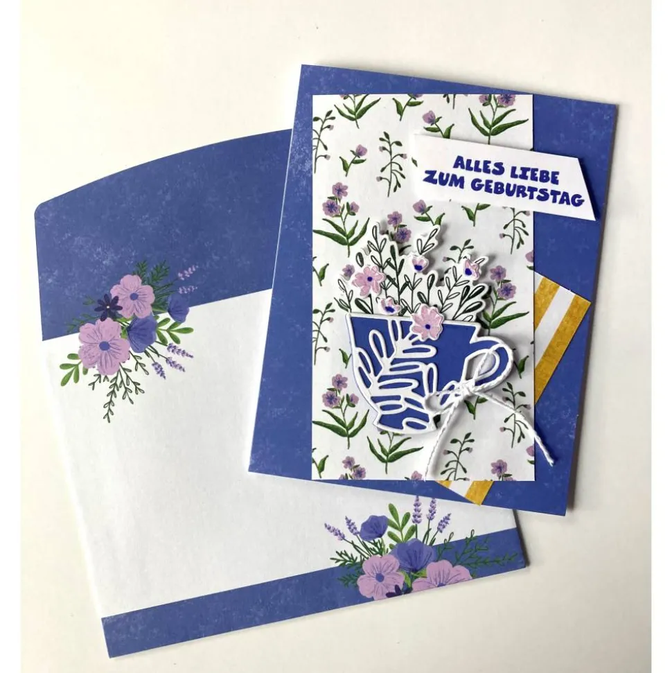 Geburtstagskarten Glückwunschkarte Blumen Tasse 3D Grün Blumig Handgefertigt Unikat