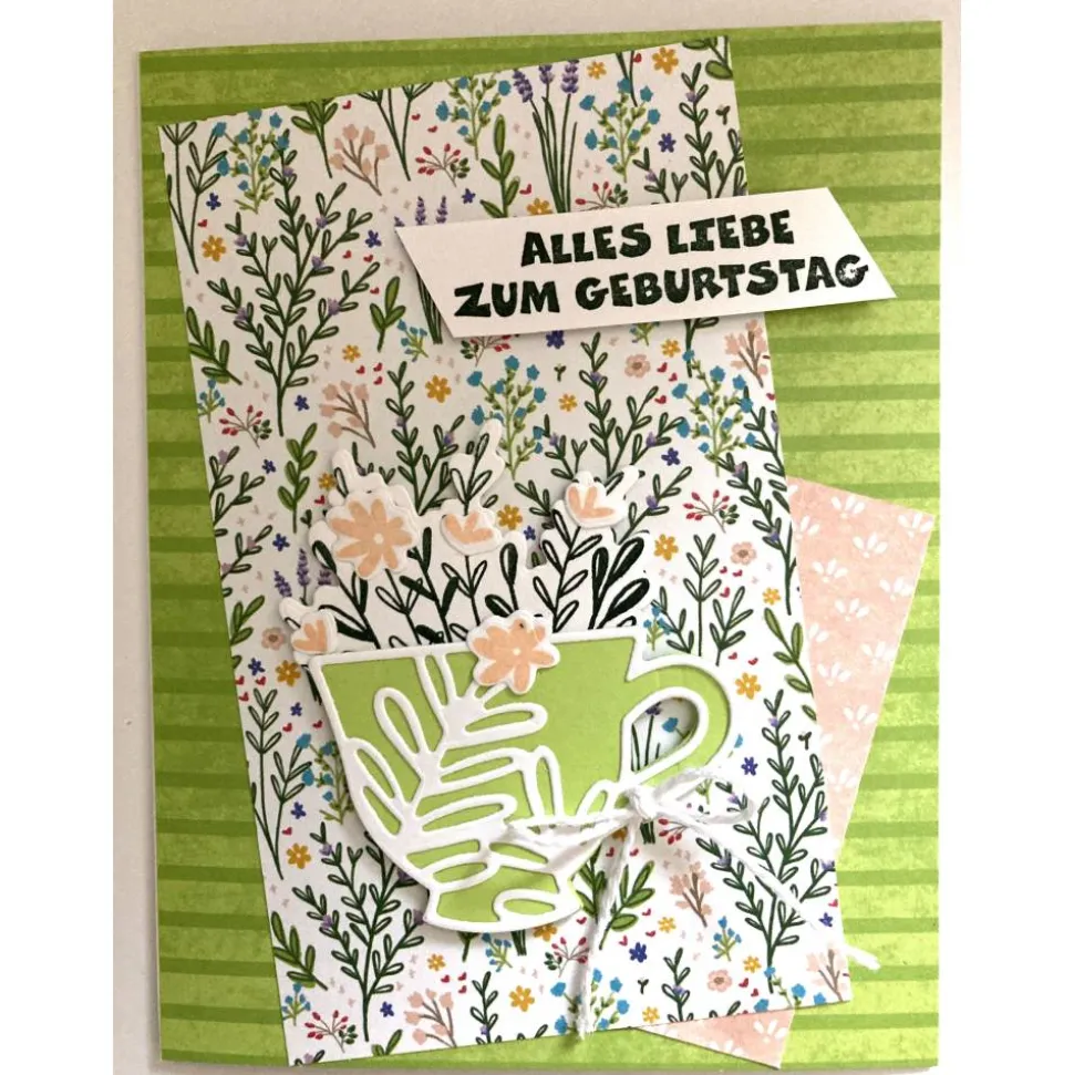 Geburtstagskarten Glückwunschkarte Blumen Tasse 3D Grün Blumig Handgefertigt Unikat