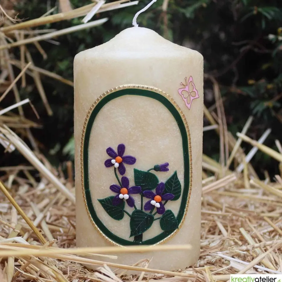 Geburtstagskerze runder Geburtstag mit Hornveilchen und velourartiger Oberfläche, personalisiebar, Geschenkidee