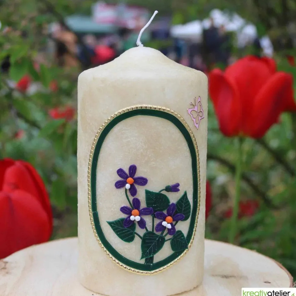 Geburtstagskerze runder Geburtstag mit Hornveilchen und velourartiger Oberfläche, personalisiebar, Geschenkidee