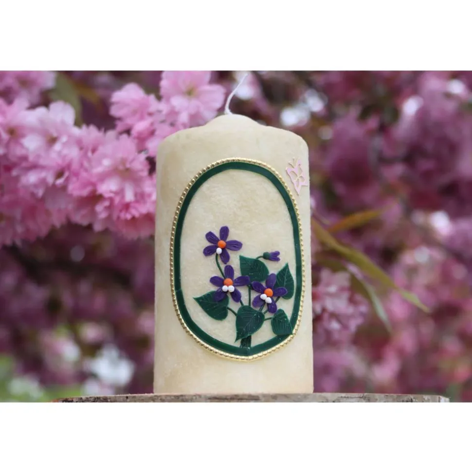 Geburtstagskerze runder Geburtstag mit Hornveilchen und velourartiger Oberfläche, personalisiebar, Geschenkidee