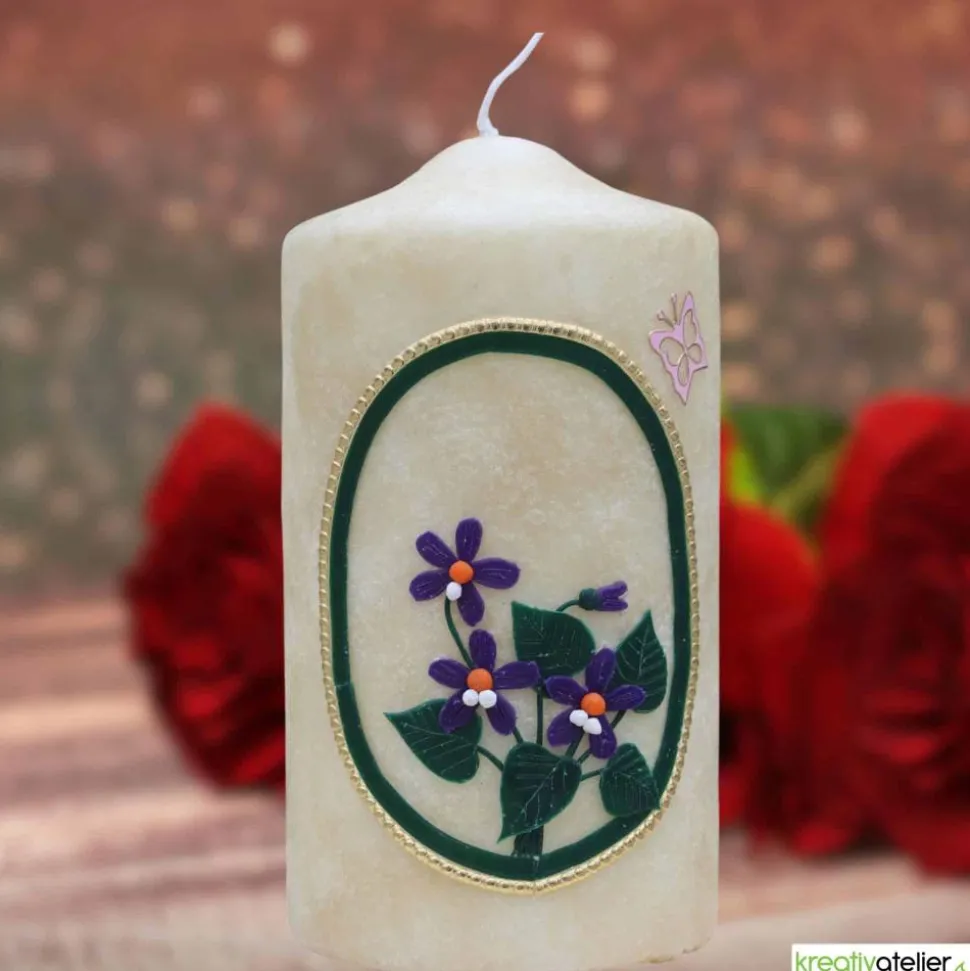 Geburtstagskerze runder Geburtstag mit Hornveilchen und velourartiger Oberfläche, personalisiebar, Geschenkidee