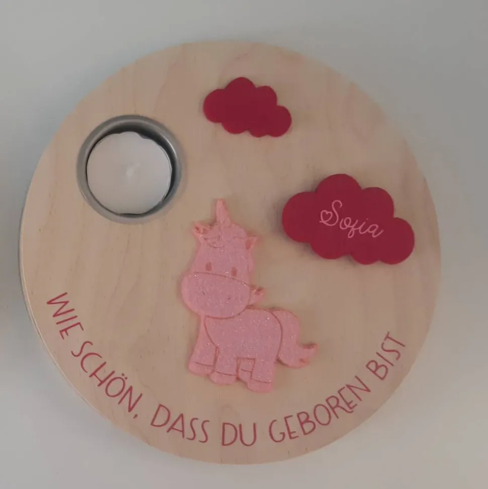 Geburtstagslicht | Geburtstagsbrett / Einhorn | Geschenk zur Geburt, Taufe, Geburtstag