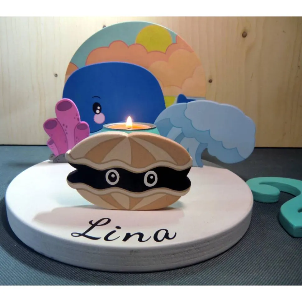 Geburtstagsteller - Motiv: Wal - mit Kind - Holz - handbemalt - Geburtstag - Kerzenhalter - Deko - mit Namen