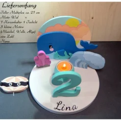 Geburtstagsteller - Motiv: Wal - mit Kind - Holz - handbemalt - Geburtstag - Kerzenhalter - Deko - mit Namen