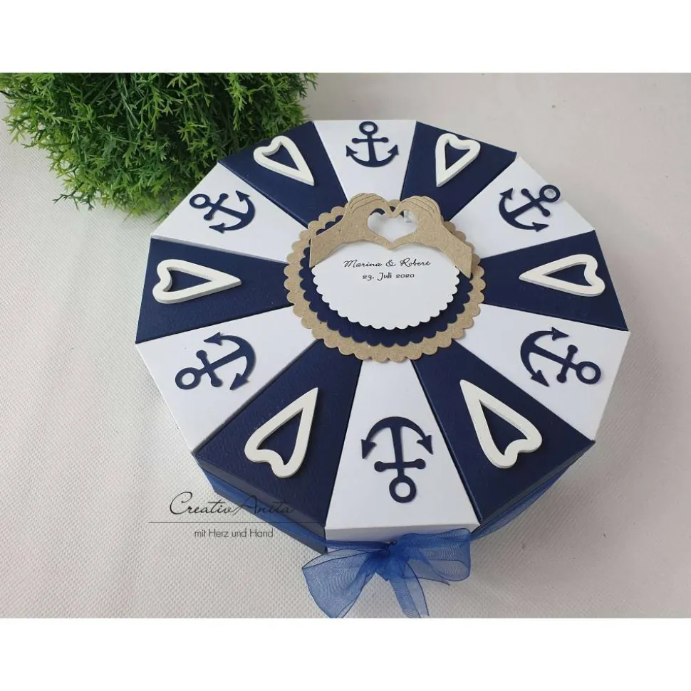 Geburtstagstorte Torte MARITIM mit Herzen & Anker - Dunkelblau-Weiß-Natur Geldgeschenk