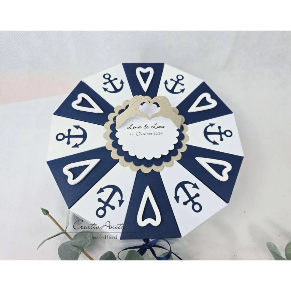 Geburtstagstorte Torte MARITIM mit Herzen & Anker - Dunkelblau-Weiß-Natur Geldgeschenk