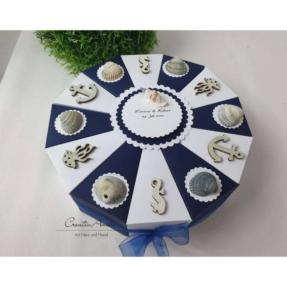 Geburtstagstorte Torte MARITIM mit Muscheln - Dunkelblau-Weiß Geldgeschenk