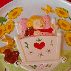 Geburtsteller Geburtstafel Wiege aus Gips, handbemalt, Geschenk zur Geburt oder Taufe