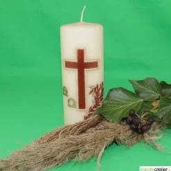 Gedenkkerze in bisquit mit Alpha/Omega braun/gold verziert, Trauerkerze, Trauerkerze personalisiert, Kerze zum Gedenken