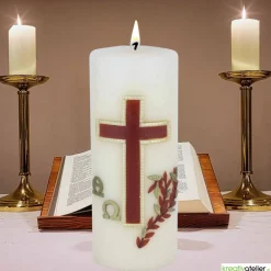 Gedenkkerze in bisquit mit Alpha/Omega braun/gold verziert, Trauerkerze, Trauerkerze personalisiert, Kerze zum Gedenken