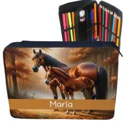 gefüllte Federmappe mit Name im Design Pferd mit Fohlen | Schulmäppchen personalisiert
