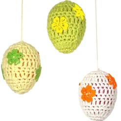 Gehäkelte Ostereier zum Aufhängen – 3er Set in zartgelb, hellgrün & weiß – Osterdeko Handarbeit