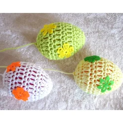 Gehäkelte Ostereier zum Aufhängen – 3er Set in zartgelb, hellgrün & weiß – Osterdeko Handarbeit