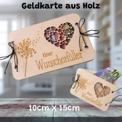 Geld Geschenk Karte aus Holz Herzausschnitt Pusteblumengravur Weihnachten Geldgeschenk Holzkarte Wunscherfüller edel
