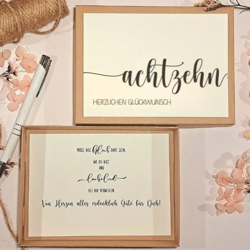 Geldgeschenk 18. Geburtstag – Personalisierte Geschenkbox mit Karte & Baumwollsäckchen