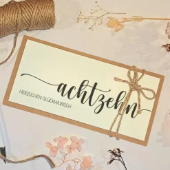 Geldgeschenk 18. Geburtstag – Personalisierte Glückwunschkarte mit Umschlag & Juteschleife