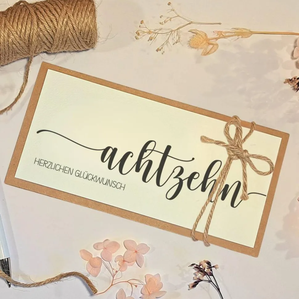 Geldgeschenk 18. Geburtstag – Personalisierte Glückwunschkarte mit Umschlag & Juteschleife