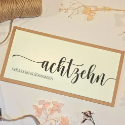 Geldgeschenk 18. Geburtstag – Personalisierte Glückwunschkarte mit Umschlag & Juteschleife