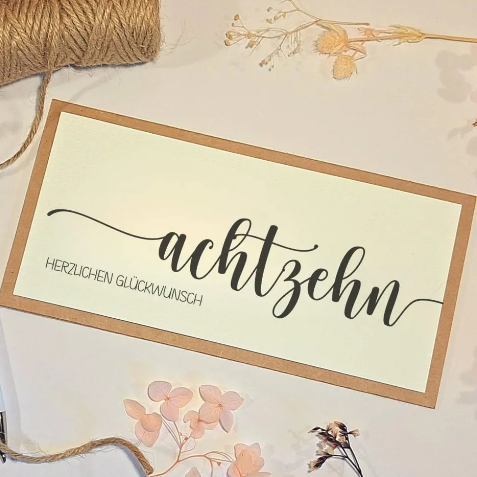 Geldgeschenk 18. Geburtstag – Personalisierte Glückwunschkarte mit Umschlag & Juteschleife