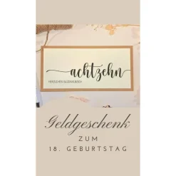 Geldgeschenk 18. Geburtstag – Personalisierte Glückwunschkarte mit Umschlag & Juteschleife