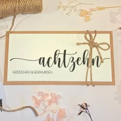 Geldgeschenk 18. Geburtstag – Personalisierte Glückwunschkarte mit Umschlag & Juteschleife