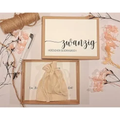 Geldgeschenk 20. Geburtstag – Personalisierte Geschenkbox mit Glückwunschkarte & Leinensäckchen