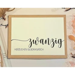 Geldgeschenk 20. Geburtstag – Personalisierte Geschenkbox mit Glückwunschkarte & Leinensäckchen