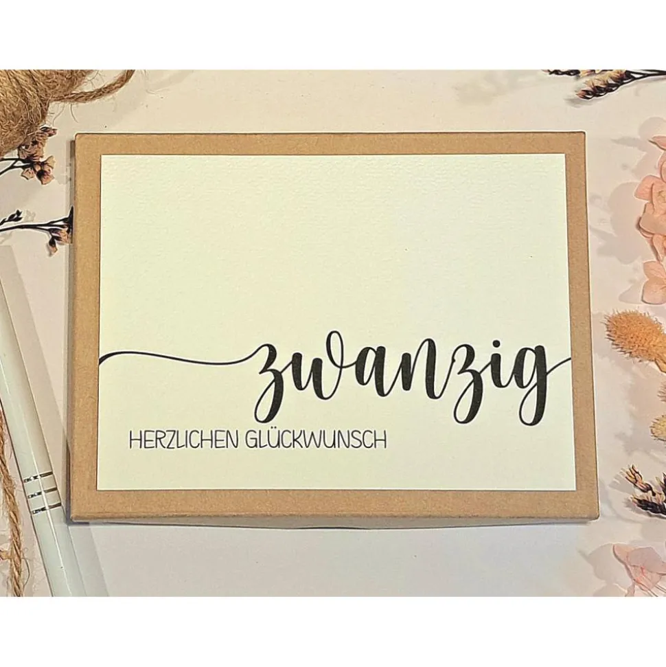 Geldgeschenk 20. Geburtstag – Personalisierte Geschenkbox mit Glückwunschkarte & Leinensäckchen