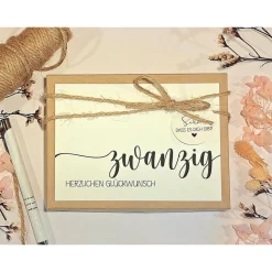 Geldgeschenk 20. Geburtstag – Personalisierte Geschenkbox mit Glückwunschkarte & Leinensäckchen