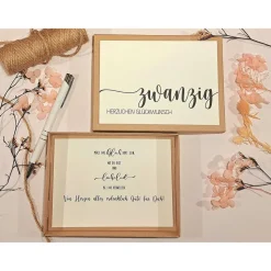 Geldgeschenk 20. Geburtstag – Personalisierte Geschenkbox mit Glückwunschkarte & Leinensäckchen