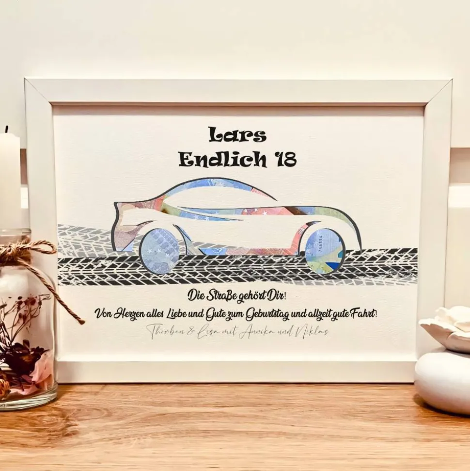 Geldgeschenk 18. Geburtstag Junge – Personalisierte nachhaltige Geldgeschenkverpackung mit Auto-Motiv