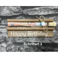 Geldgeschenk • Geburtstag • Reagenzglas • Geschenkverpackung aus Holz • Räuchereiche • Klötzchen