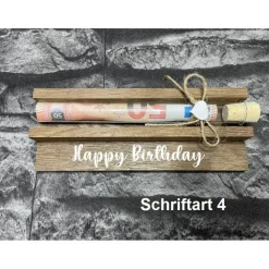 Geldgeschenk • Geburtstag • Reagenzglas • Geschenkverpackung aus Holz • Räuchereiche • Klötzchen