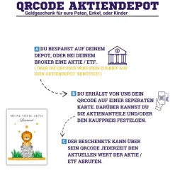 Geldgeschenk | Meine Erste Aktie | Personalisierte Aktie ETF Kryptowährung QrCode Geschenkkarte | Motiv Löwe