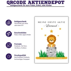 Geldgeschenk | Meine Erste Aktie | Personalisierte Aktie ETF Kryptowährung QrCode Geschenkkarte | Motiv Löwe