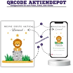 Geldgeschenk | Meine Erste Aktie | Personalisierte Aktie ETF Kryptowährung QrCode Geschenkkarte | Motiv Löwe