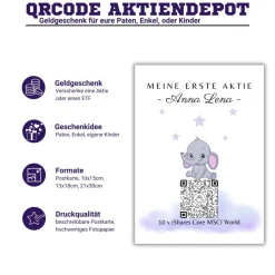 Geldgeschenk | Meine Erste Aktie | Personalisierte Aktie ETF Kryptowährung QrCode Geschenkkarte | Motiv Elefant