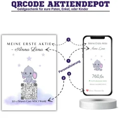 Geldgeschenk | Meine Erste Aktie | Personalisierte Aktie ETF Kryptowährung QrCode Geschenkkarte | Motiv Elefant